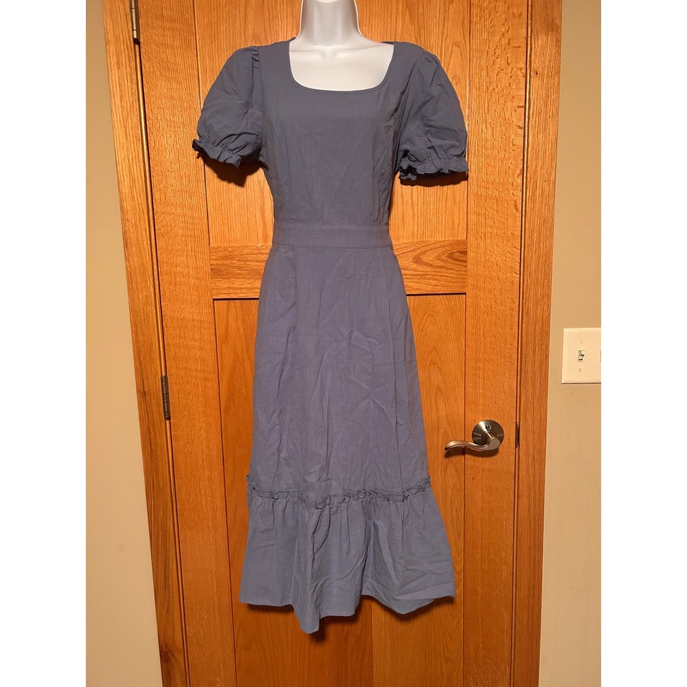 PatPat Blue Cotton Puff Sleeve Midi Dress Square Neck Cottagecore Womens Size M